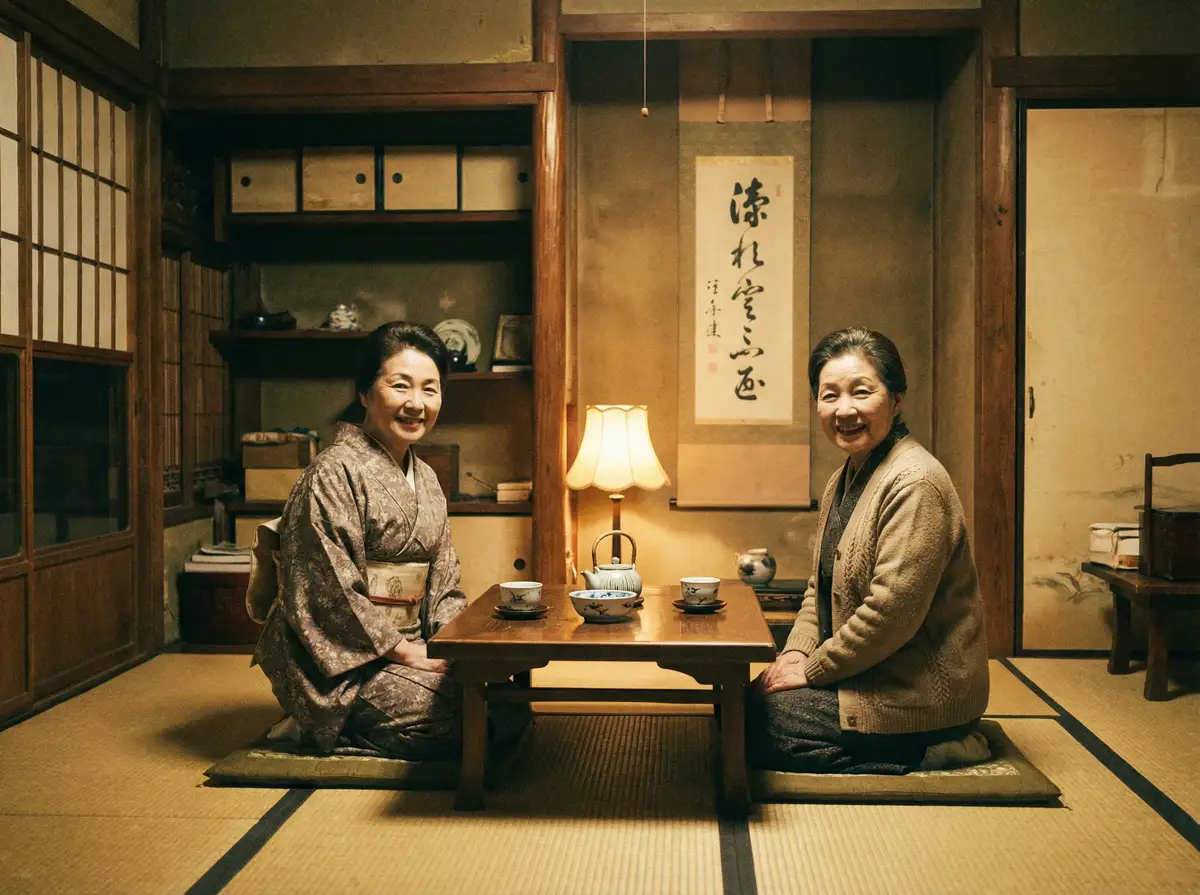 两位优雅的 里番-里番动漫 在日式茶室中品茶交谈